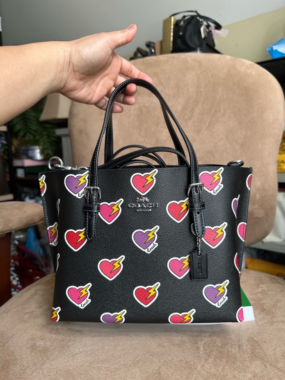 #92. Coach Mollie Tote 25 Heart Bolt Print 2-Way Bag CW435 Black New with Tag - Picture 2 of 13
